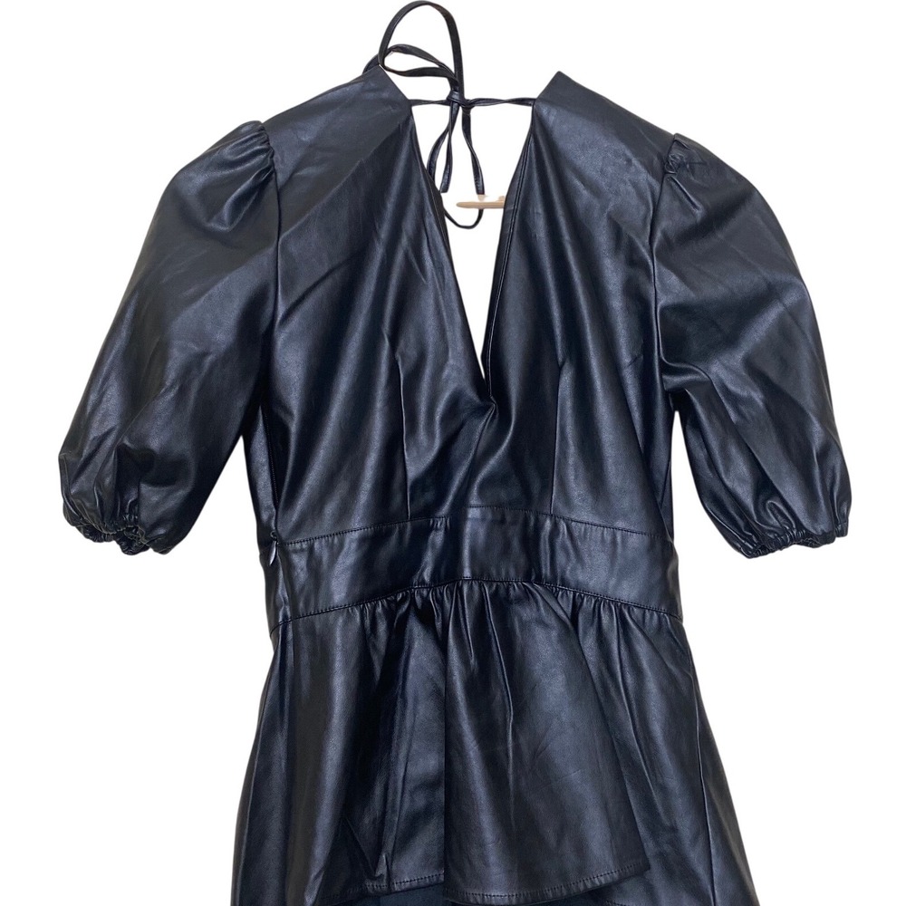 New York & Company Womens Black‎ Faux Leather Puff Sleeve Peplum Top XS Tie Back - Picture 4 of 5